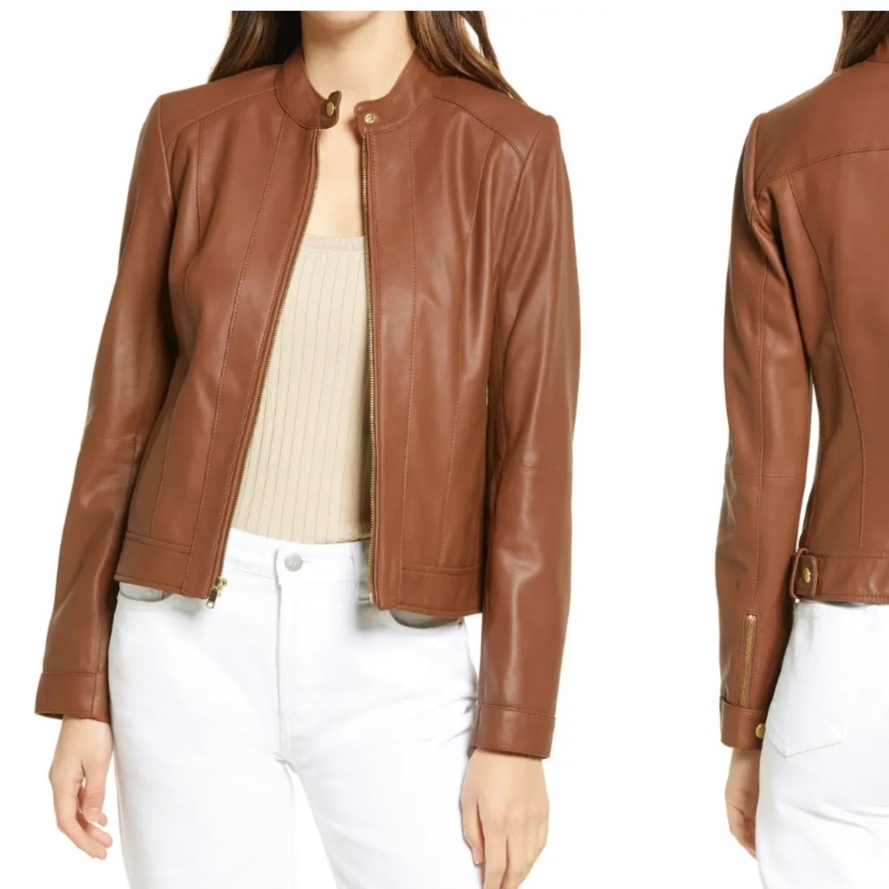 Cole Haan Double Face Zip Front Leather Jacket